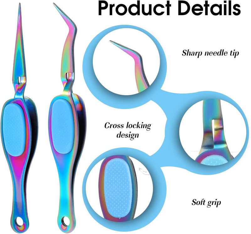 Jeffdad 2 Pcs Reverse Tweezers, Precision Craft Tweezers Crossing Lock Tweezers Fine Tip Grip Reverse Curved Bent Straight Tweezers for Crafting, Jewelry, Laboratory Work (Titanium, Blue) - Image 3